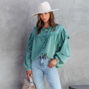 Elevate Frayed Ruffle Button-Up Oversized Denim Shirt