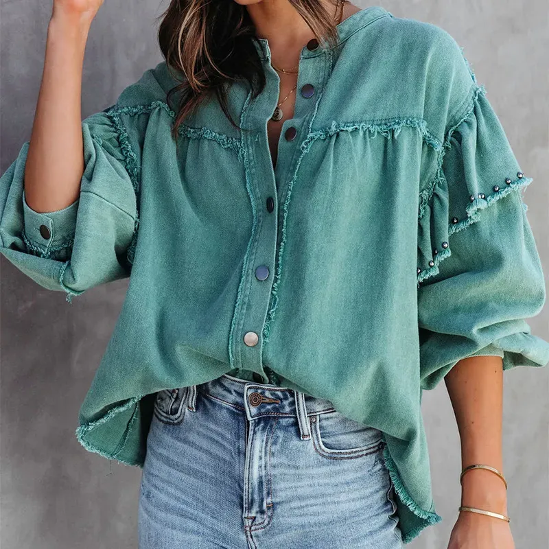 Elevate Frayed Ruffle Button-Up Oversized Denim Shirt