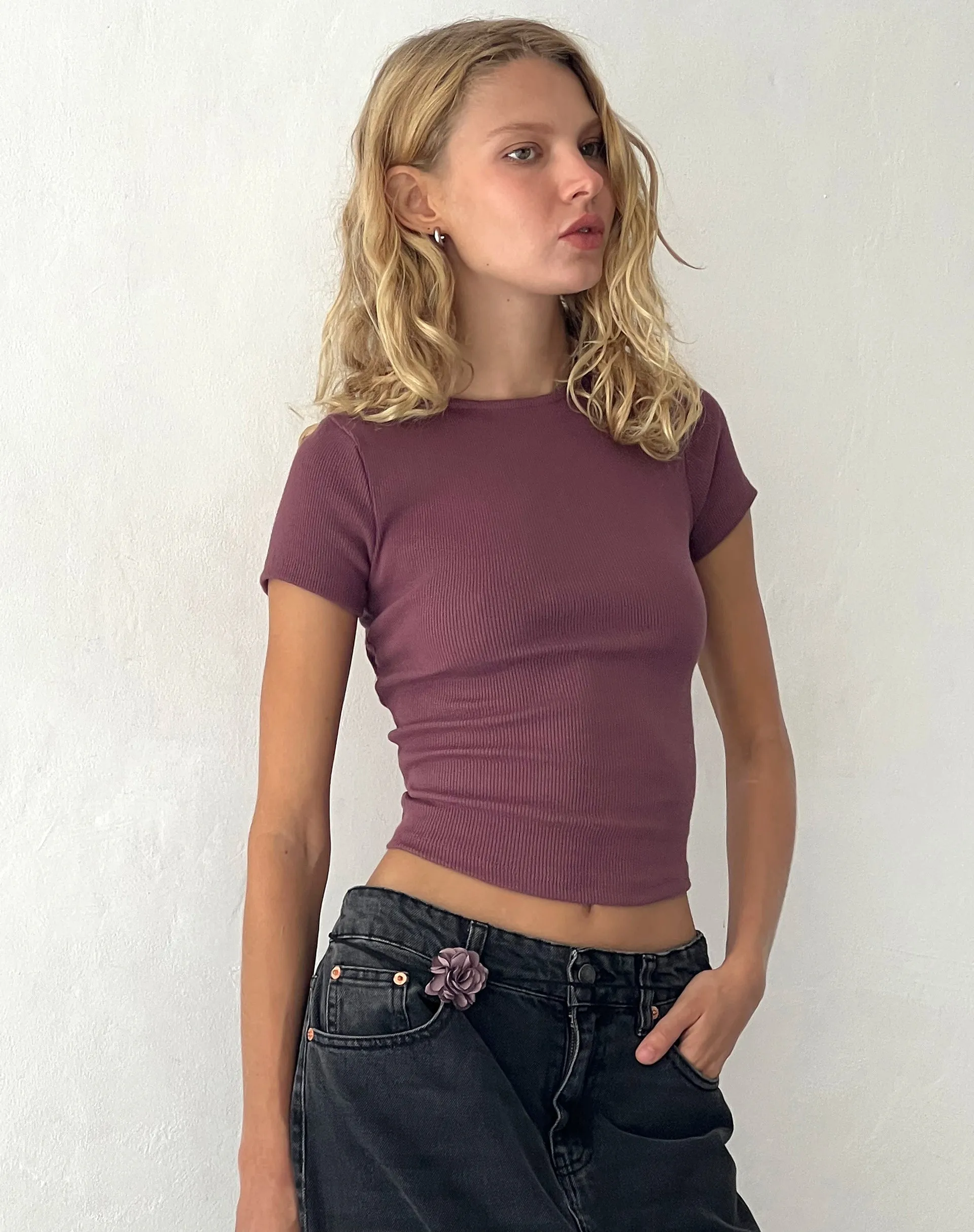 Elyto Ribbed Open Back Tee in Mauve