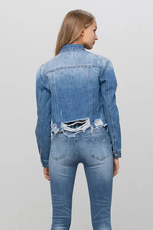 Flap Pocket Fray Crop Denim Jacket