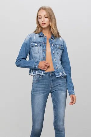 Flap Pocket Fray Crop Denim Jacket