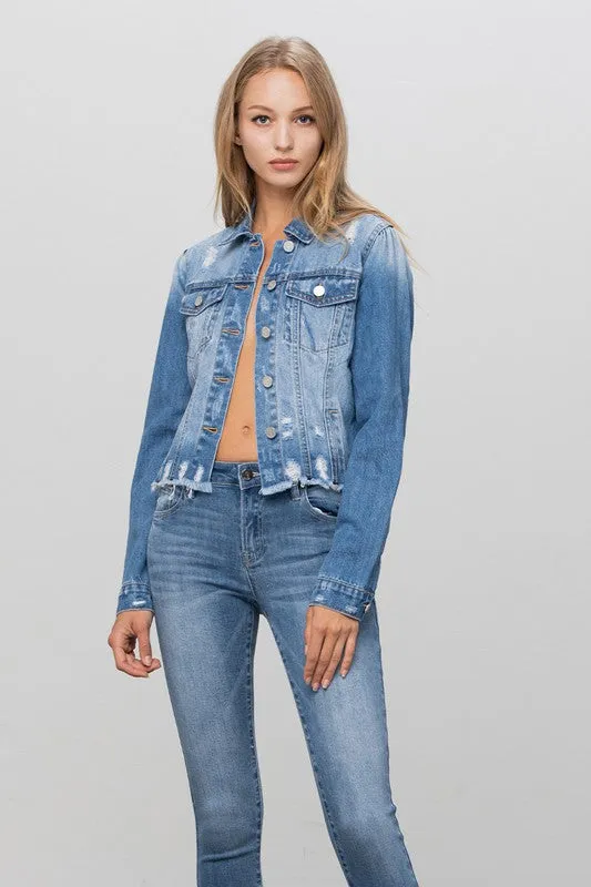 Flap Pocket Fray Crop Denim Jacket