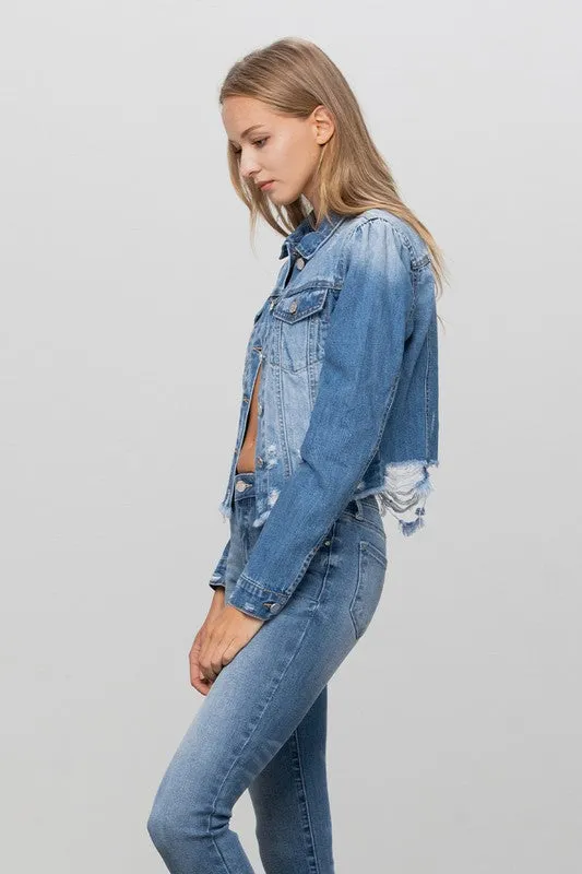 Flap Pocket Fray Crop Denim Jacket