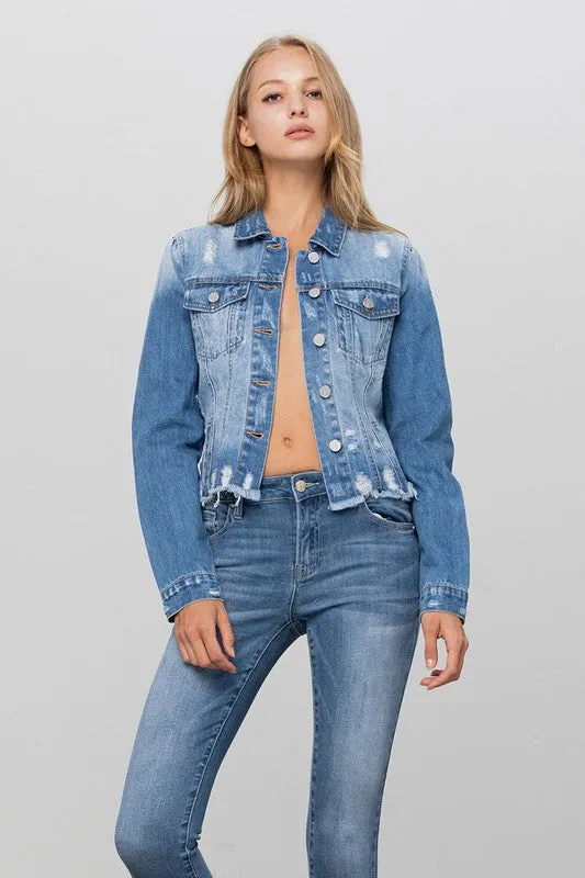 Flap Pocket Fray Crop Denim Jacket