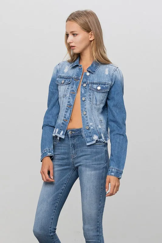 Flap Pocket Fray Crop Denim Jacket