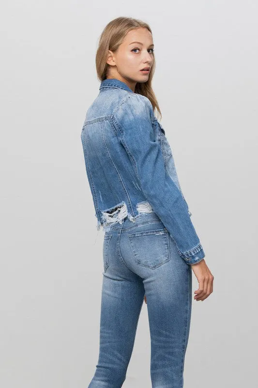 Flap Pocket Fray Crop Denim Jacket