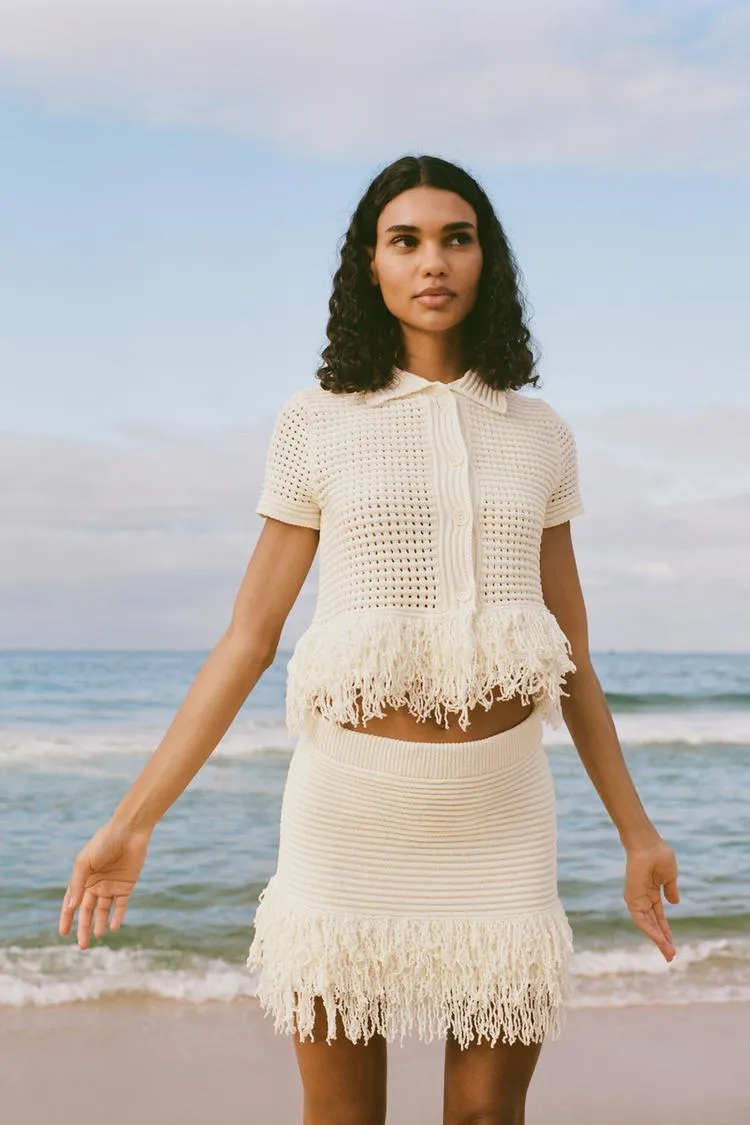 Fringed Check Knit Skirt