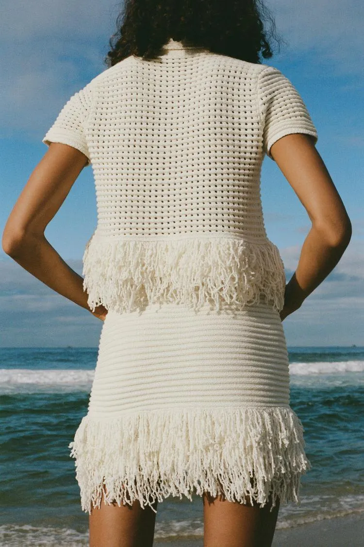 Fringed Check Knit Skirt