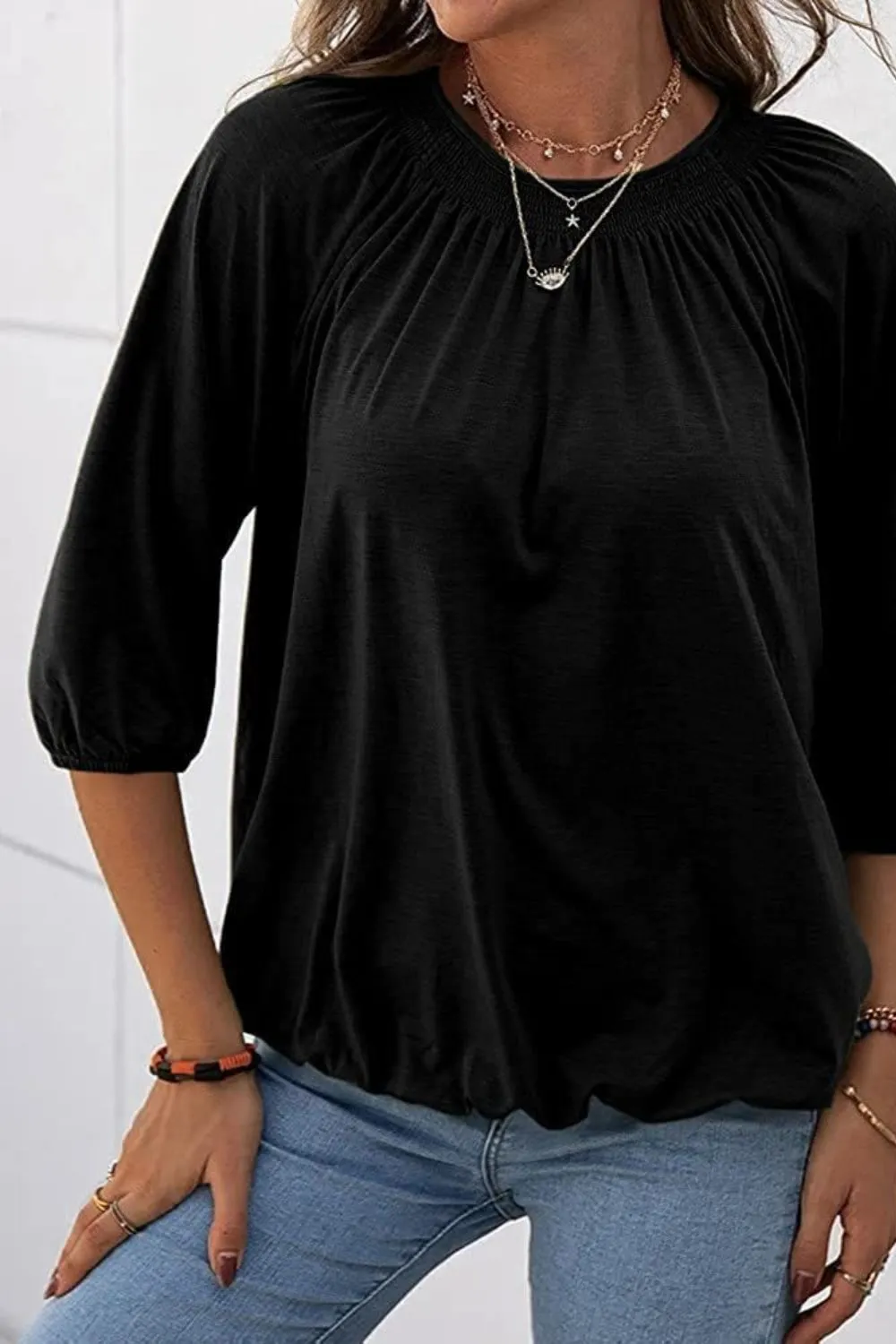 Gathered Detail Round Neck Top (8 Colors)