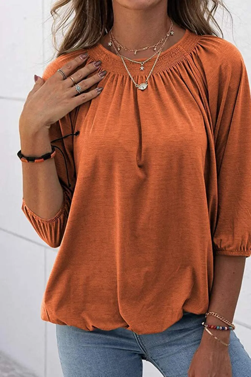 Gathered Detail Round Neck Top (8 Colors)