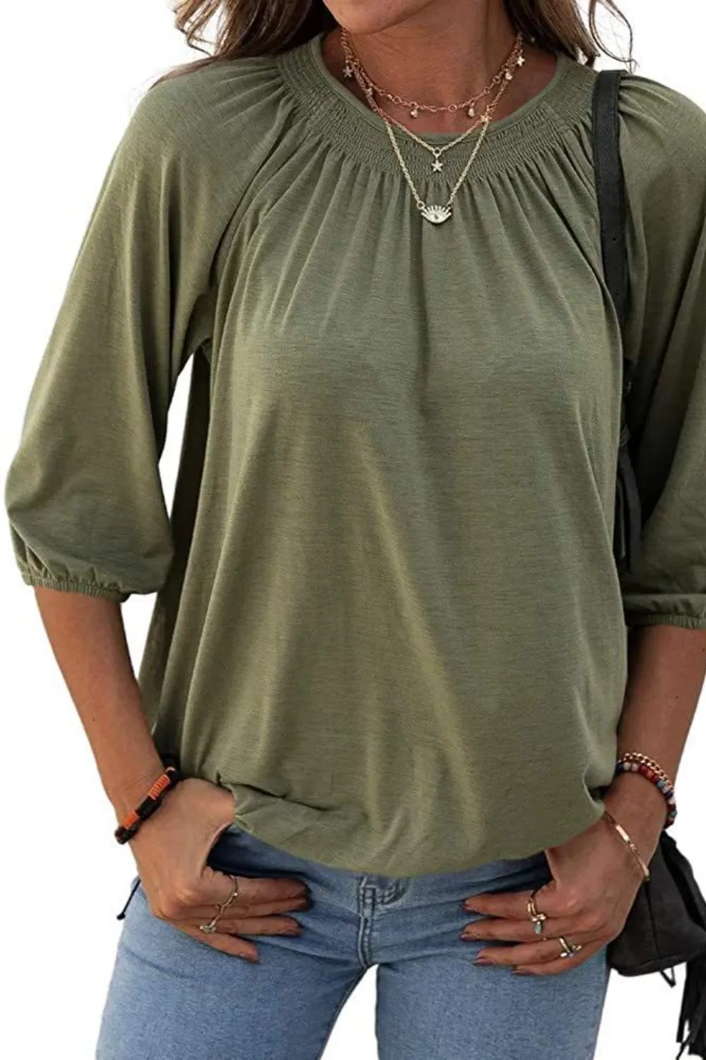 Gathered Detail Round Neck Top (8 Colors)