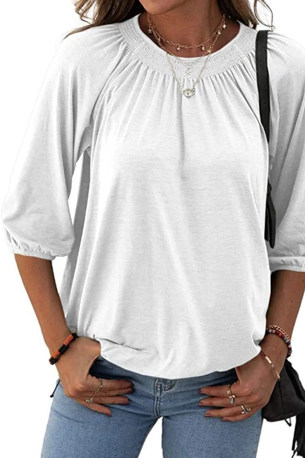 Gathered Detail Round Neck Top (8 Colors)