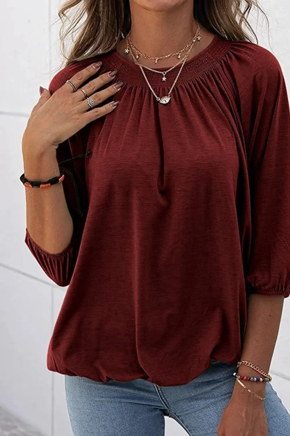 Gathered Detail Round Neck Top (8 Colors)