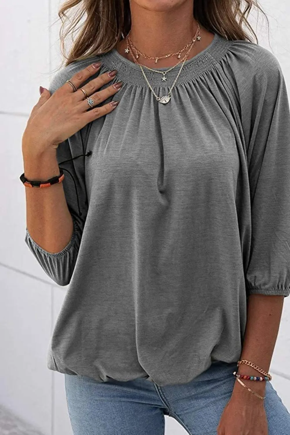Gathered Detail Round Neck Top (8 Colors)