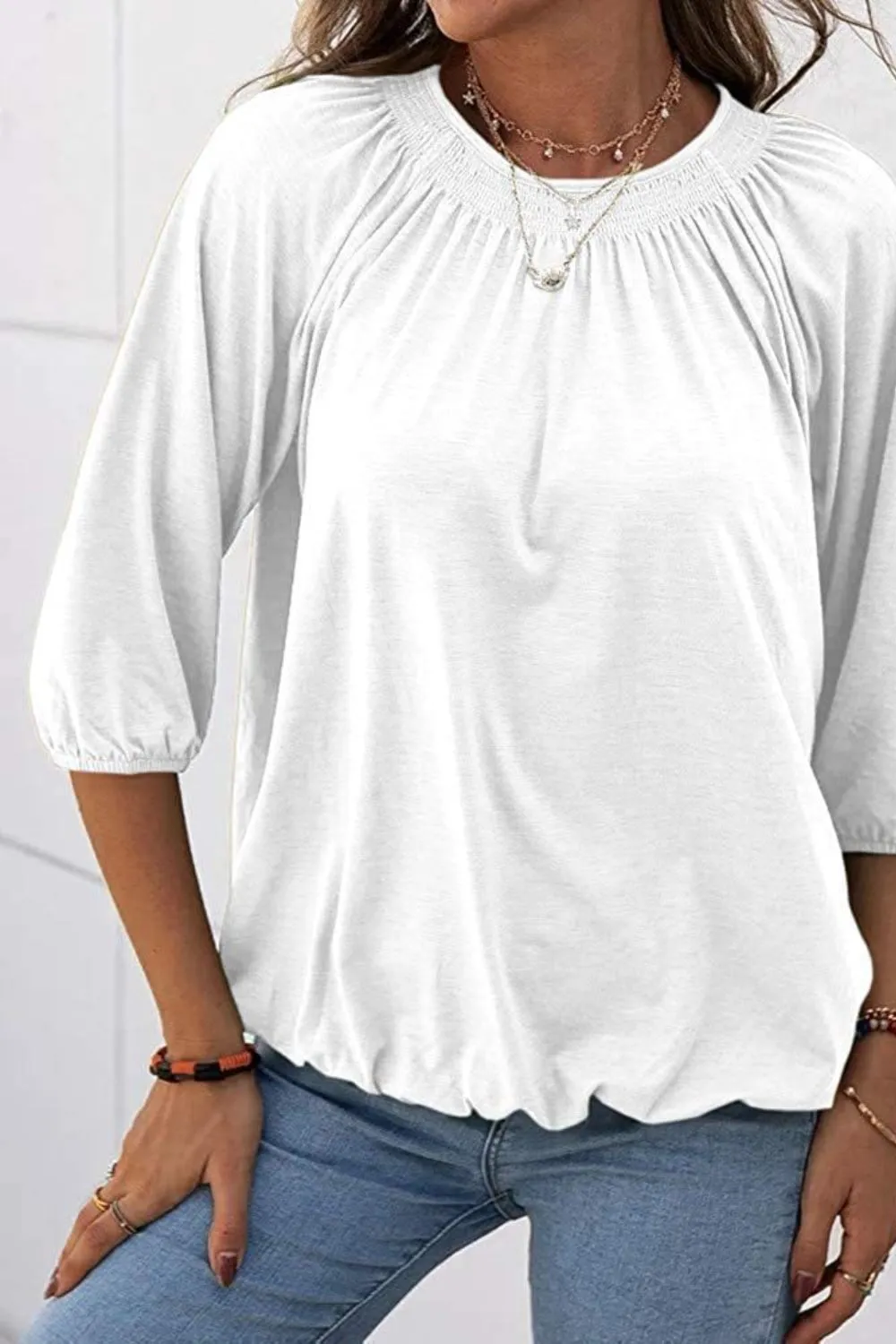 Gathered Detail Round Neck Top (8 Colors)