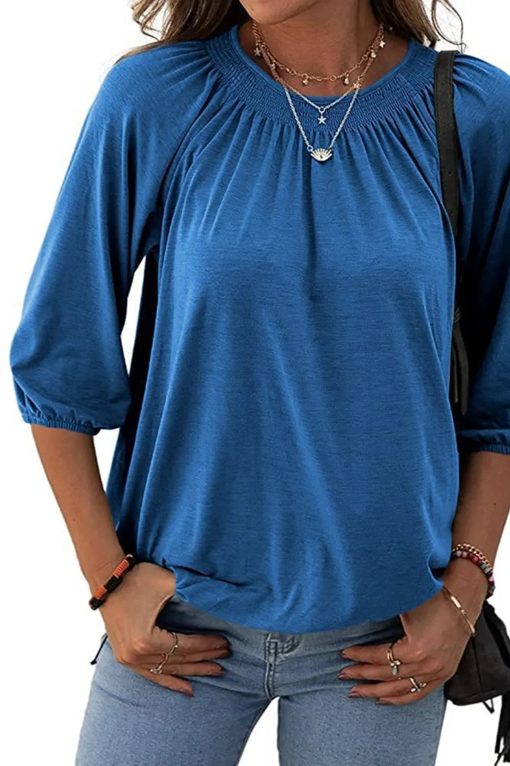 Gathered Detail Round Neck Top (8 Colors)