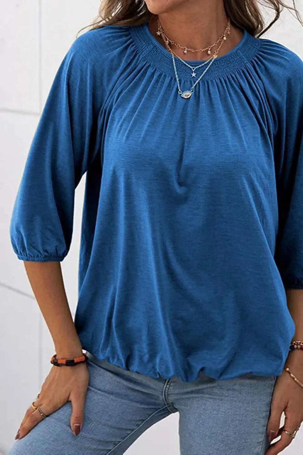 Gathered Detail Round Neck Top (8 Colors)