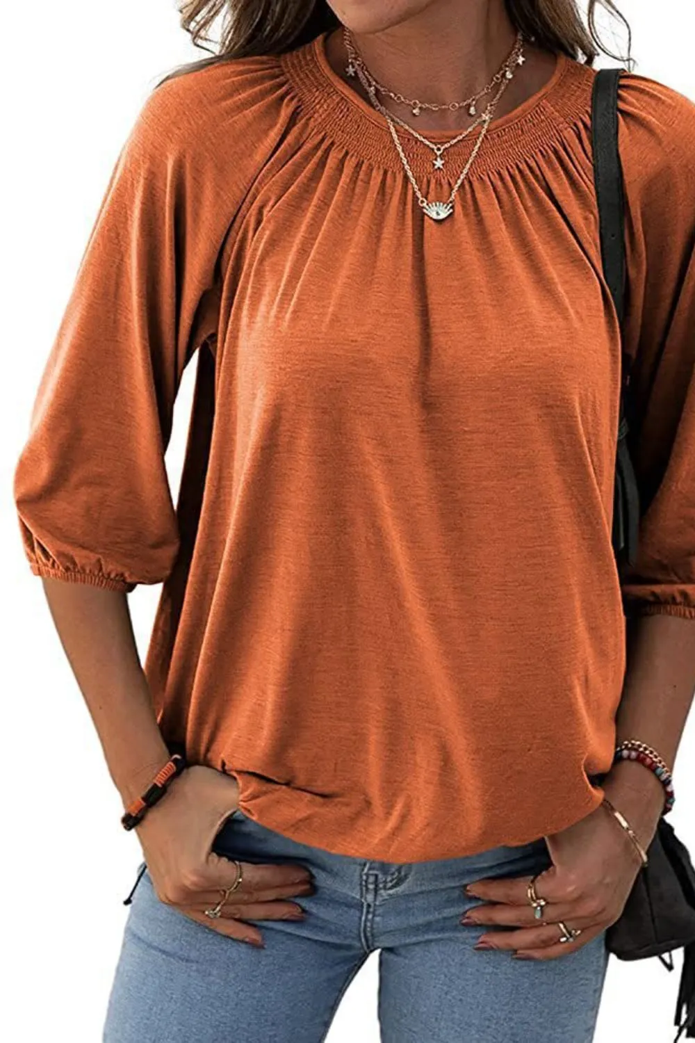 Gathered Detail Round Neck Top (8 Colors)