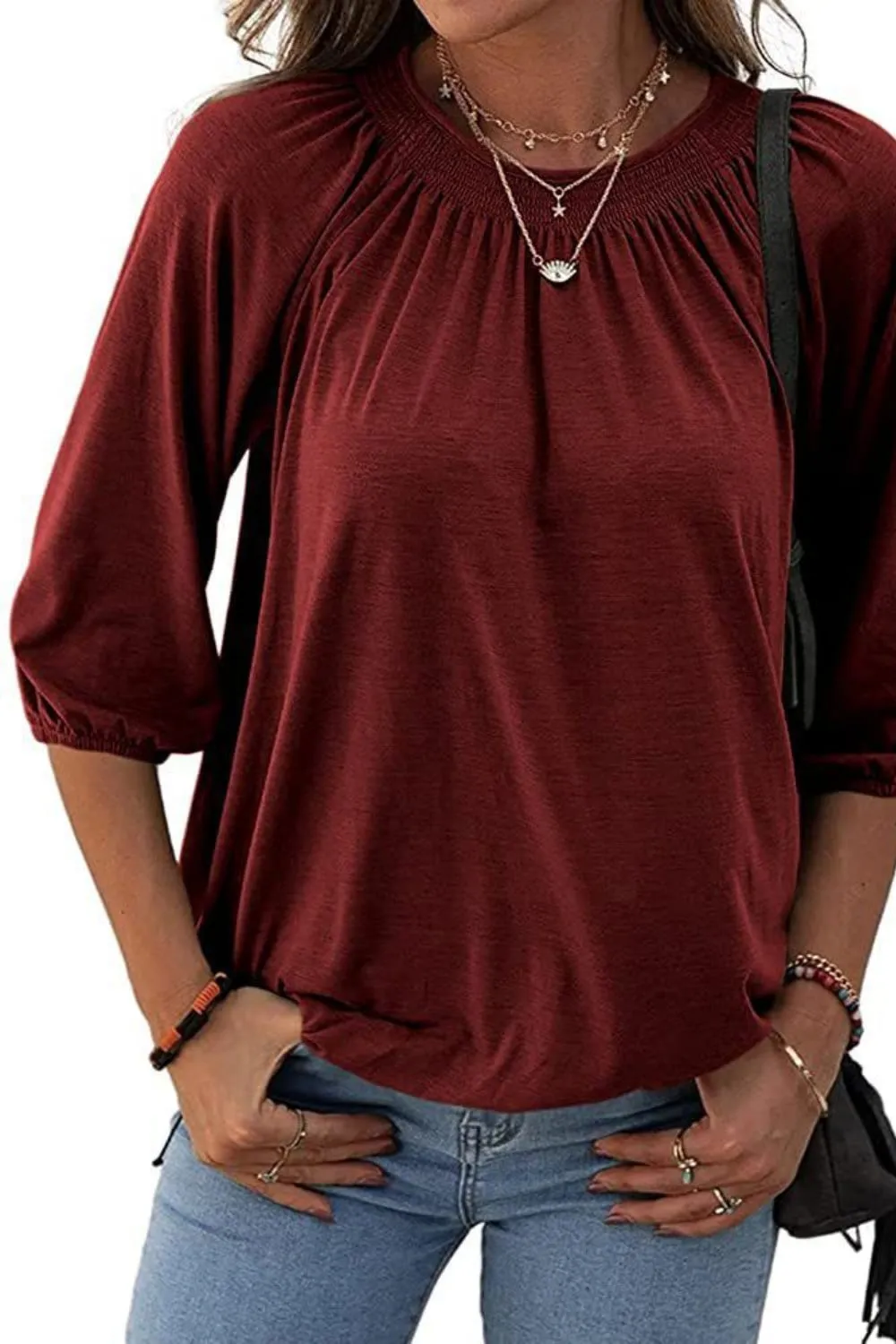 Gathered Detail Round Neck Top (8 Colors)