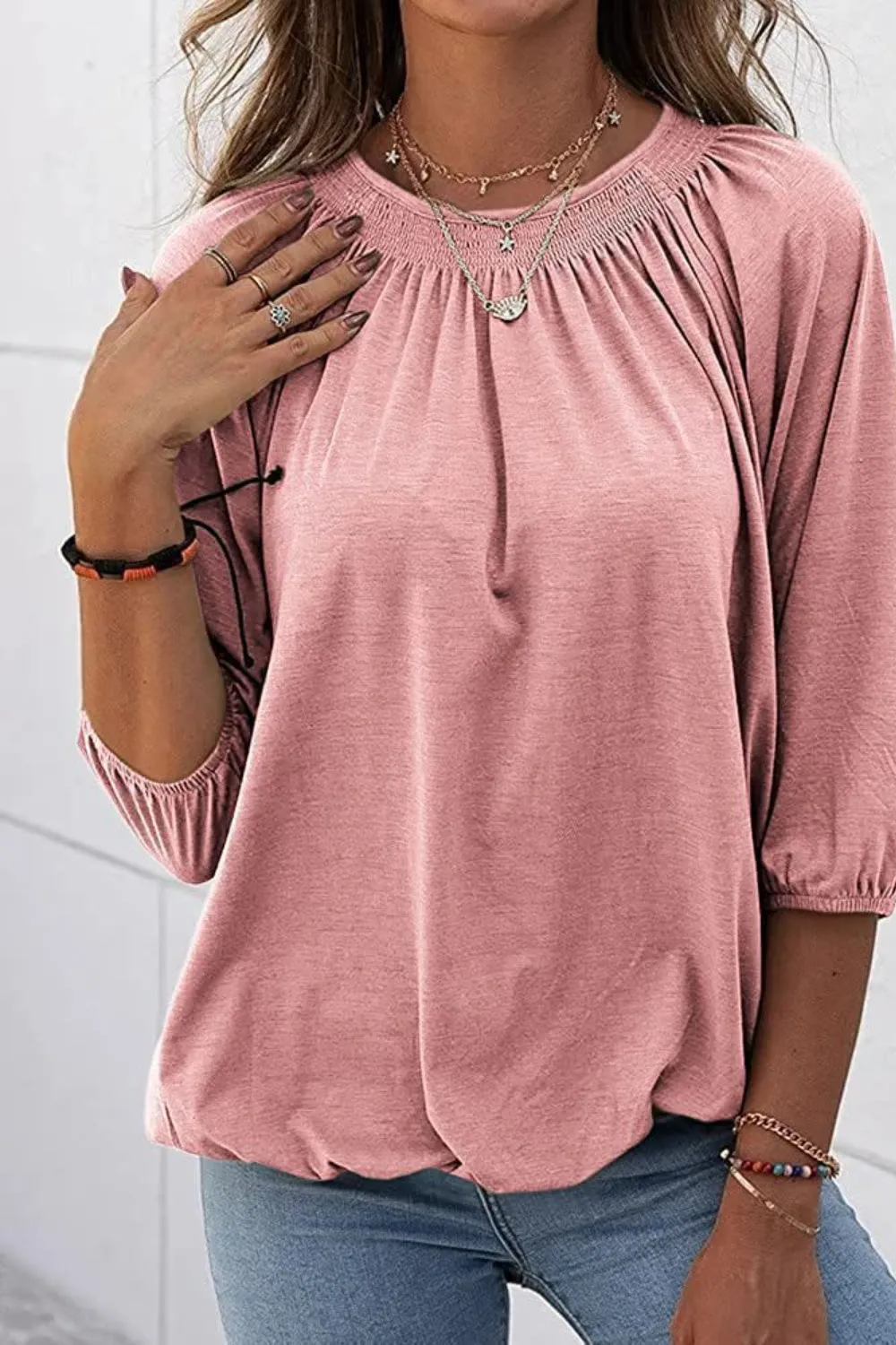 Gathered Detail Round Neck Top (8 Colors)