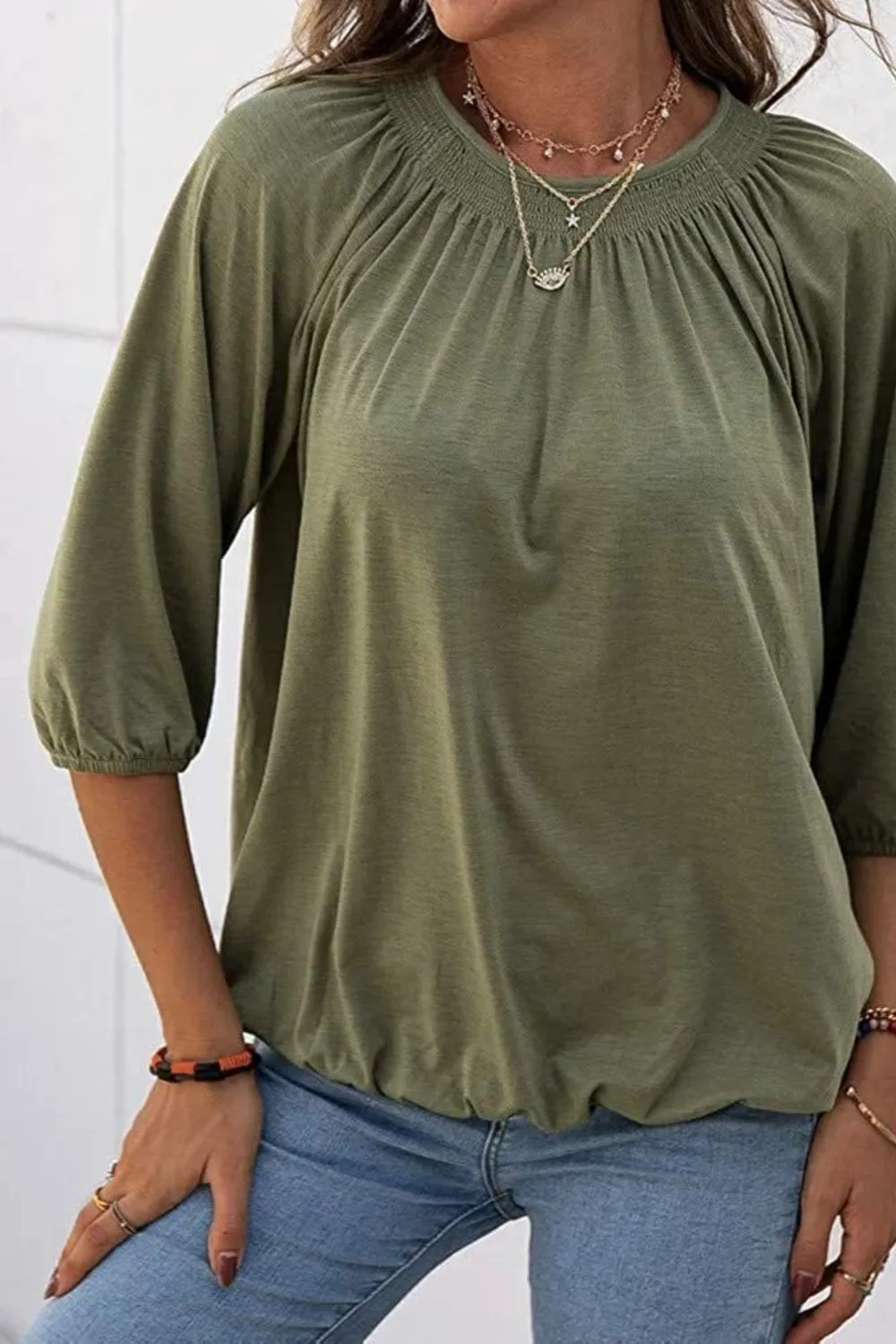 Gathered Detail Round Neck Top (8 Colors)