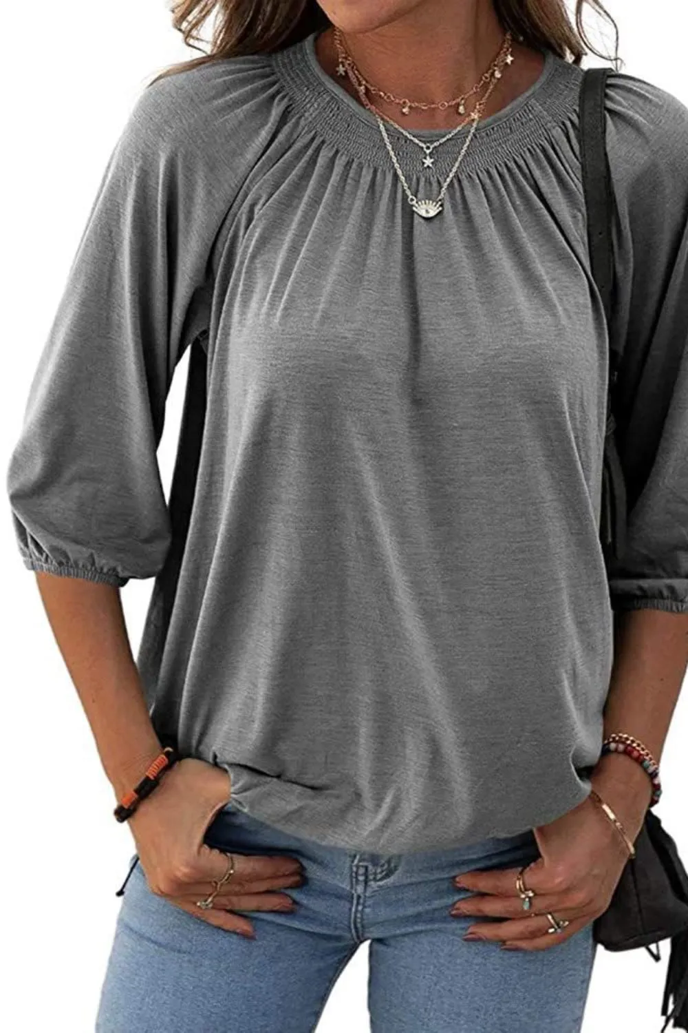 Gathered Detail Round Neck Top (8 Colors)