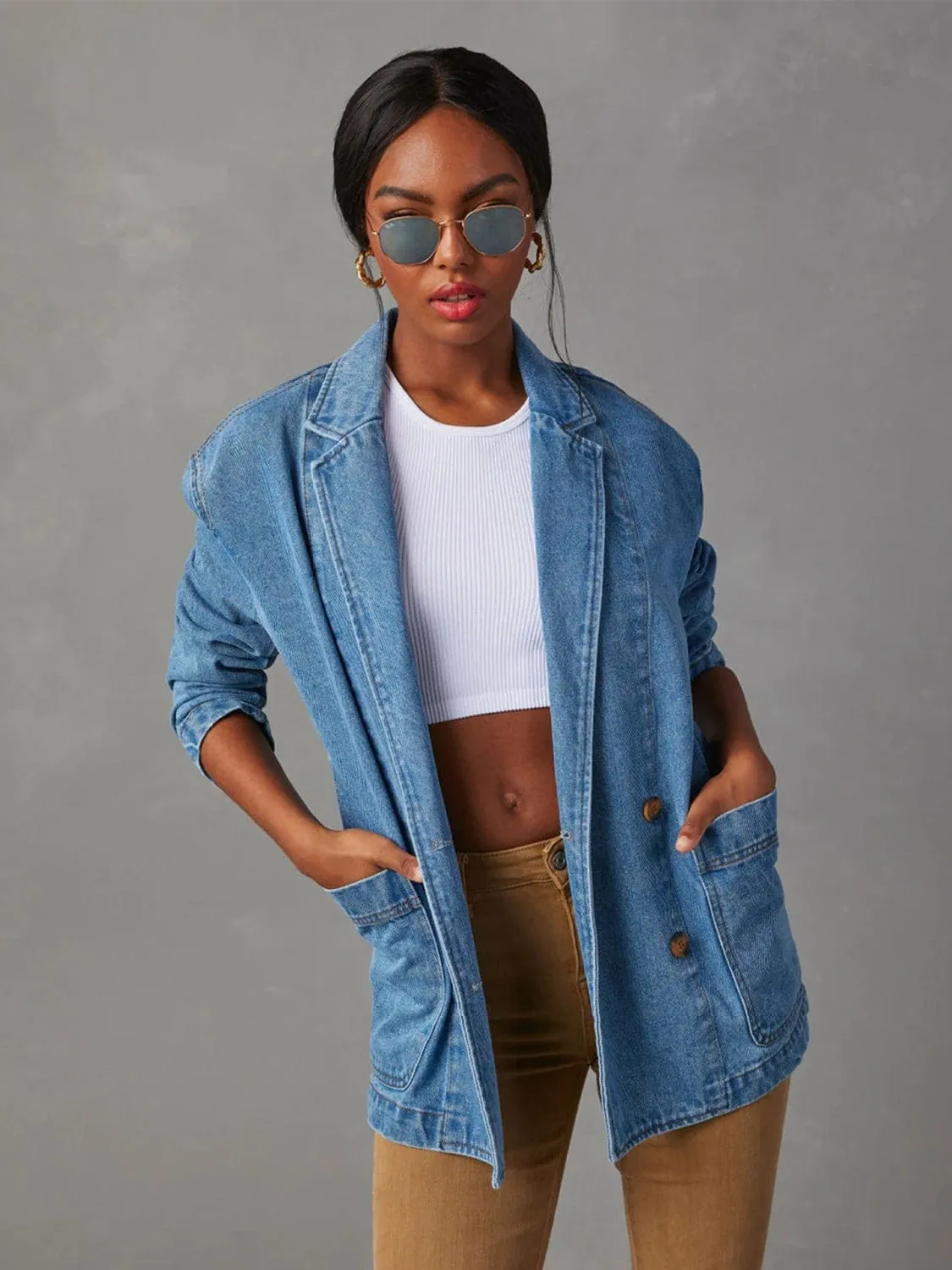 GYPSY - Collared Neck Long Sleeve Denim Jacket