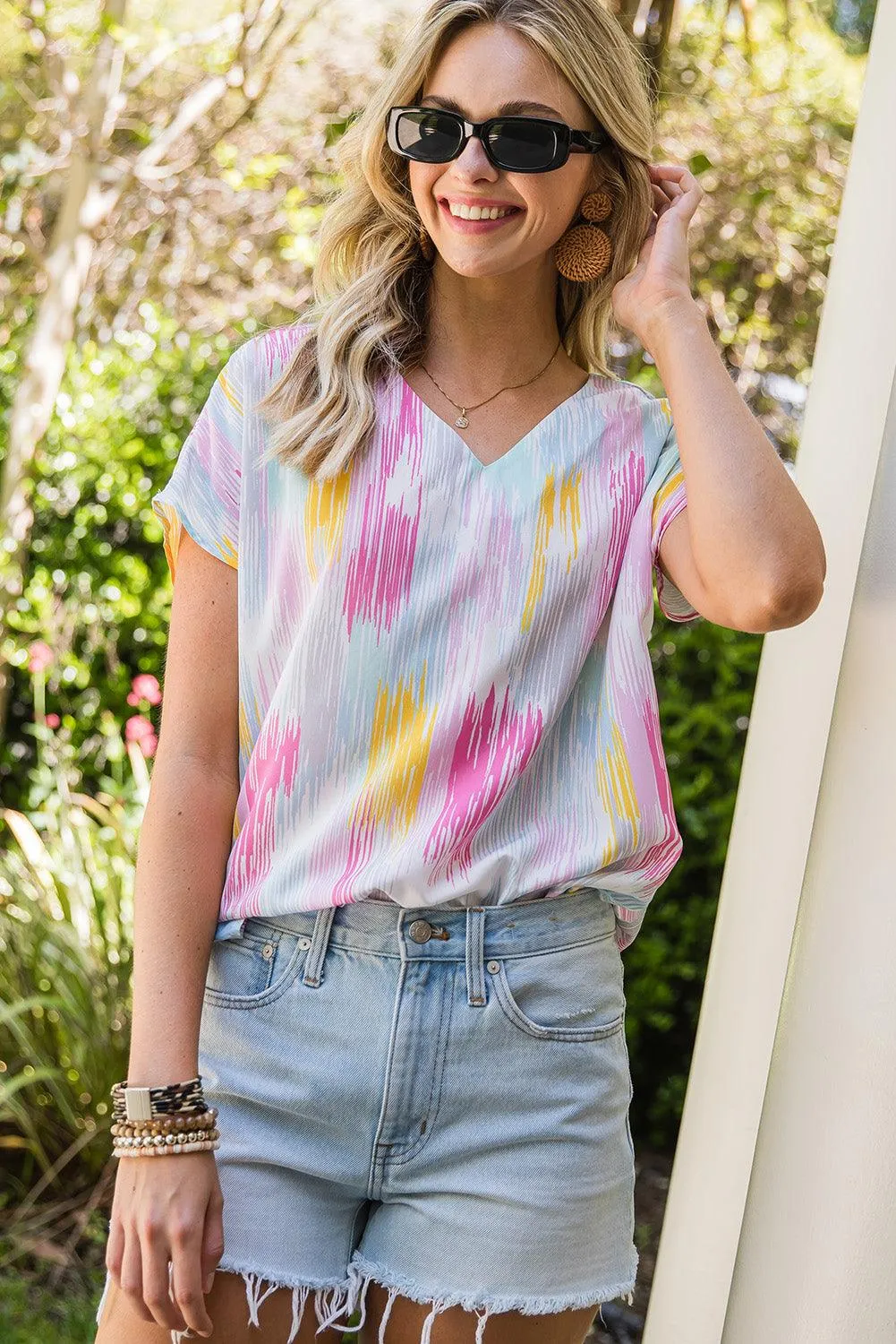 Hazel Blues® |  High-Low V-Neck Short Sleeve Blouse