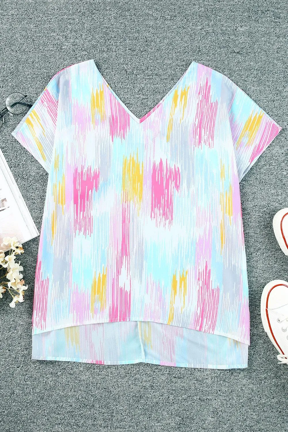 Hazel Blues® |  High-Low V-Neck Short Sleeve Blouse