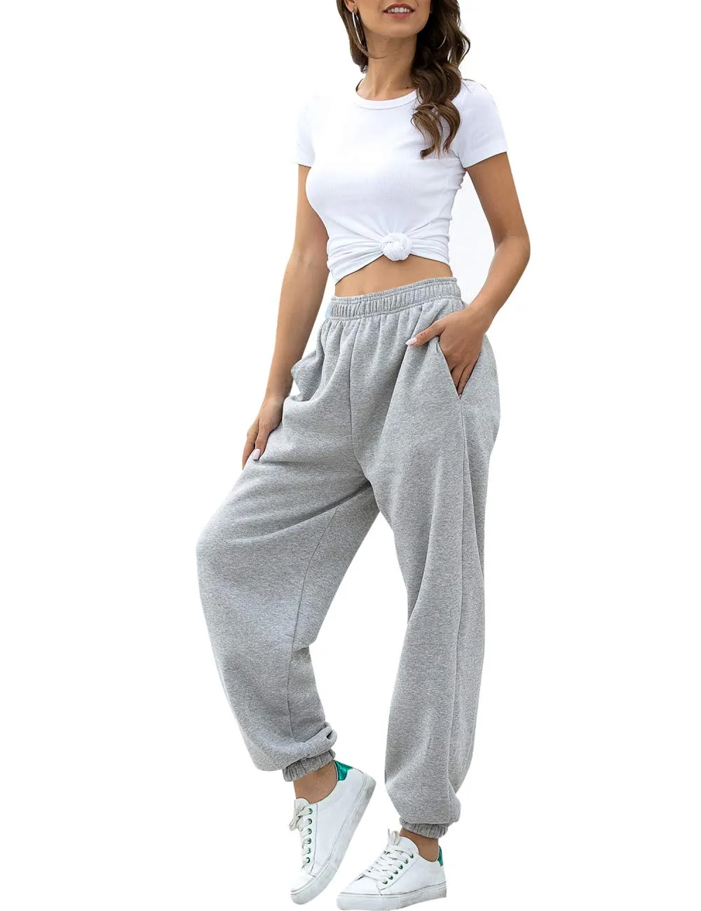 HeSaYep Women's High Waisted Sweatpants Workout Active Joggers Pants Baggy Lounge Bottoms,Grey