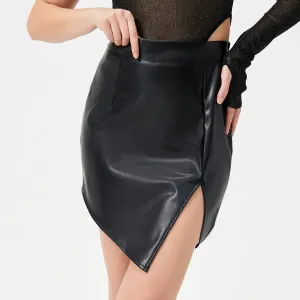 High Fashion Hot Girl Mid Waist Mini Split leather Skirt