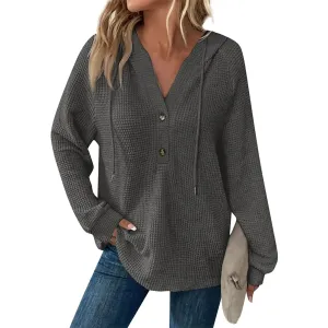 Hoodies for Women Waffle Knit Drawstring Button V Neck Hooded Oversized Sweatshirt Casual Comfy Pullover Sweater Lightweight Sweaters Comfy Hoodies Hoodie Denim Hoodie Plain Hoodie Thick Hoodie