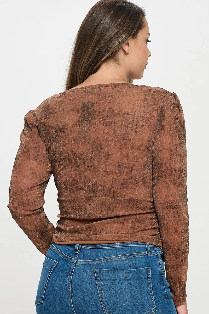 IT6097-PLUS | Tops | Junior Plus Fitted Sheer Surplice Long Sleeve Top