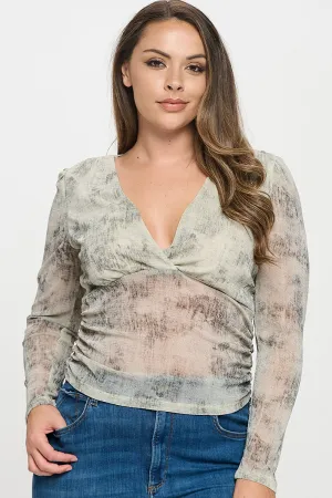 IT6097-PLUS | Tops | Junior Plus Fitted Sheer Surplice Long Sleeve Top