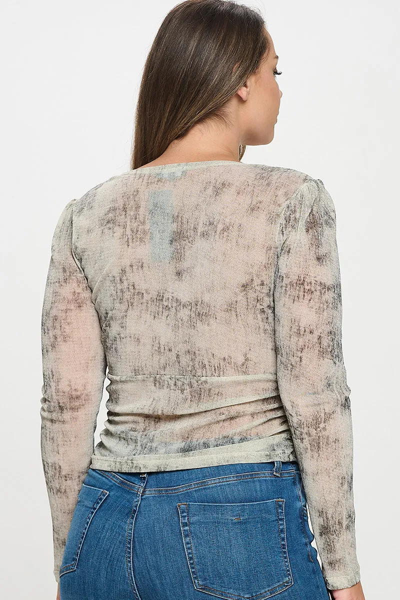 IT6097-PLUS | Tops | Junior Plus Fitted Sheer Surplice Long Sleeve Top