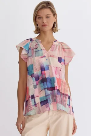 Ivy Abstract Print Flutter Sleeve V-Neck Top In Peach