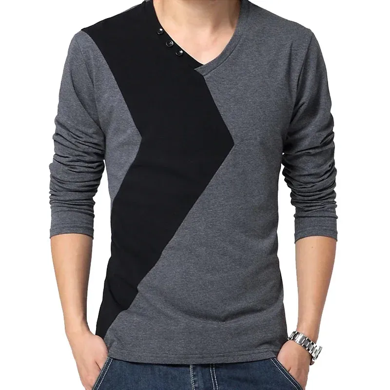 James - Men's Long Sleeve Color Block V Neck T Shirt