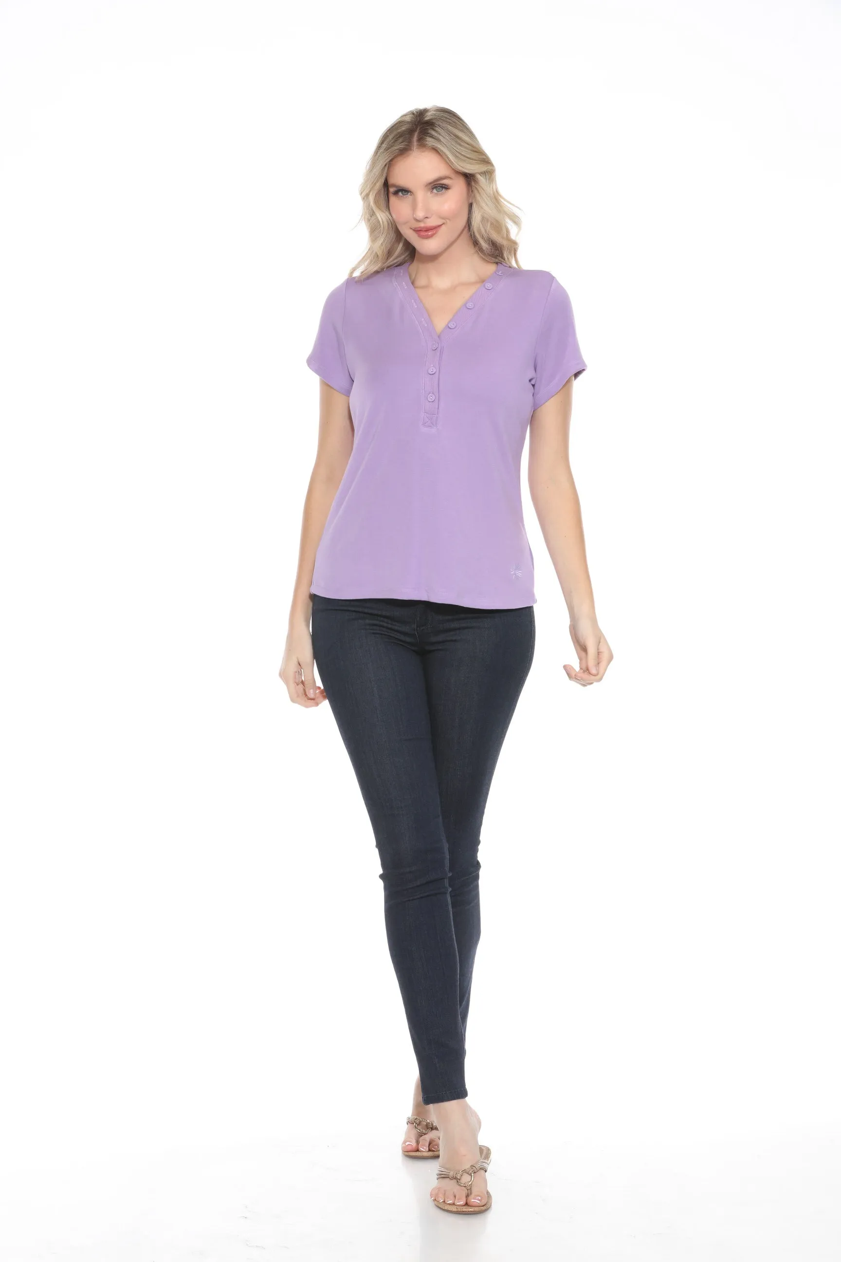 Johnny Was Calme Button V-Neck Short Sleeve Tee O11114