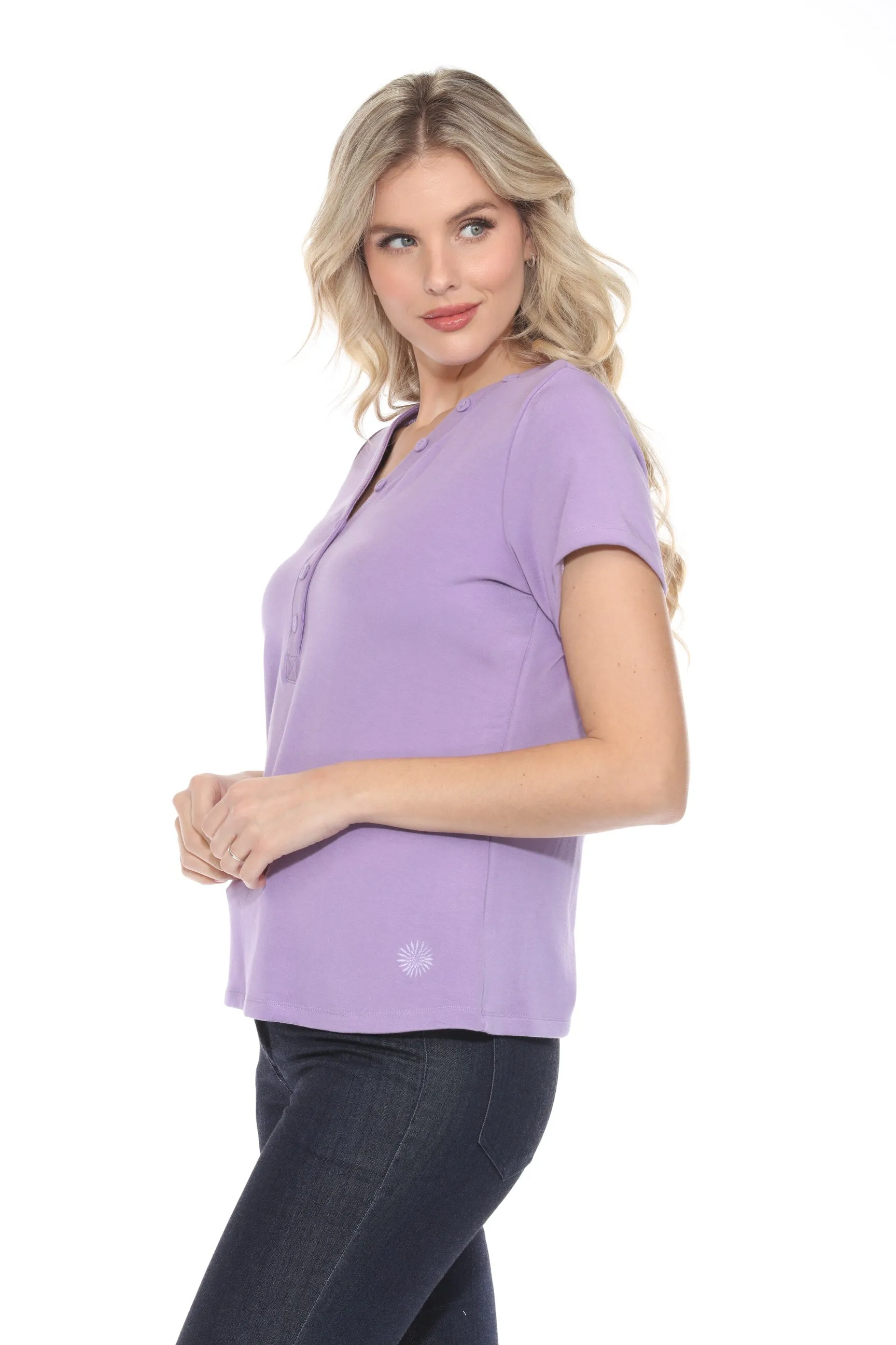 Johnny Was Calme Button V-Neck Short Sleeve Tee O11114