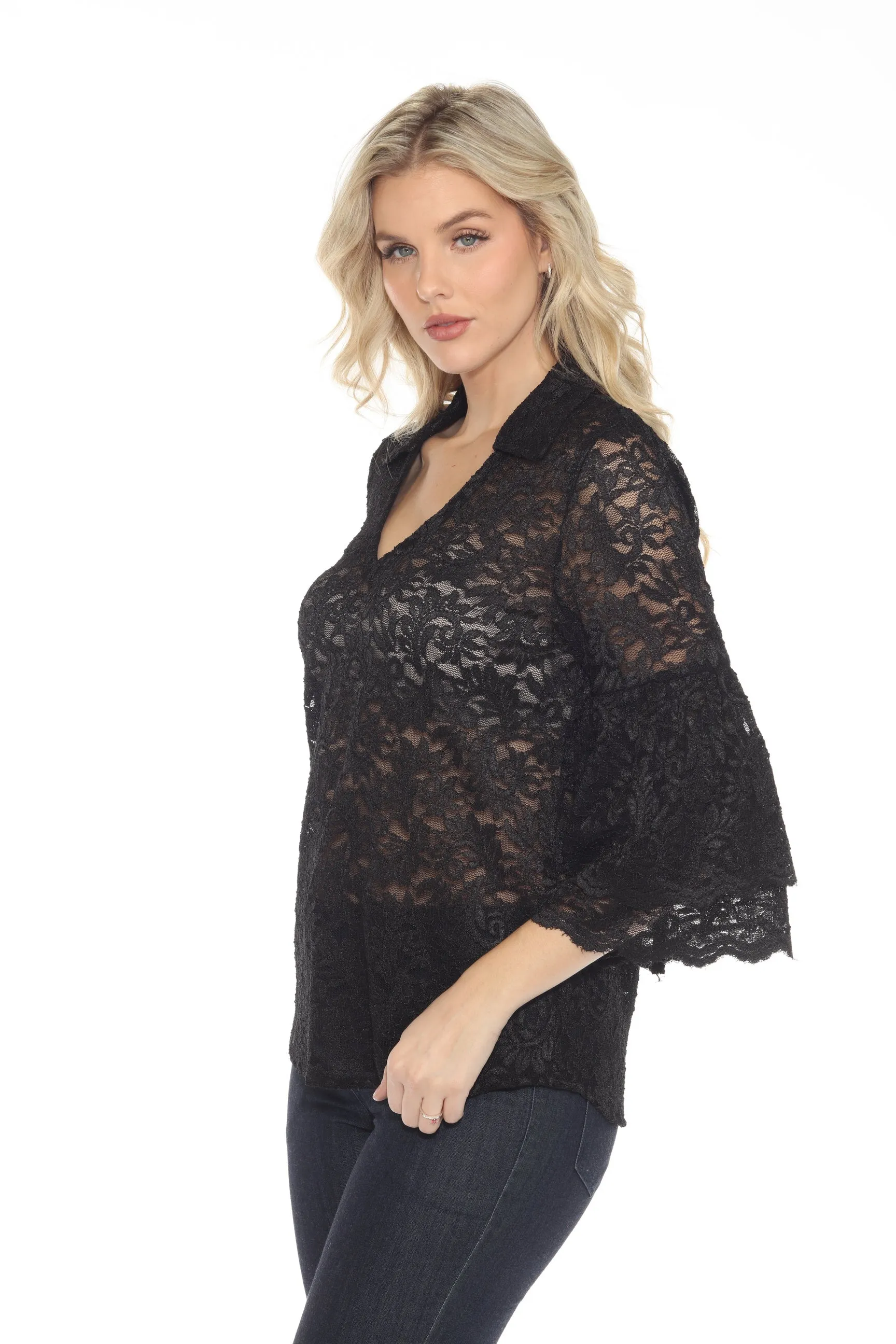 Joseph Ribkoff Black Bell Sleeve V-Neck Lace Top 244153