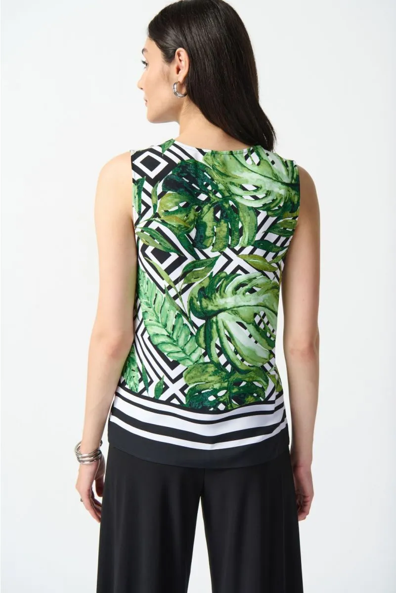 Joseph Ribkoff Vanilla/Multi Striped Tropical Print V-Neck Sleeveless Top 242237