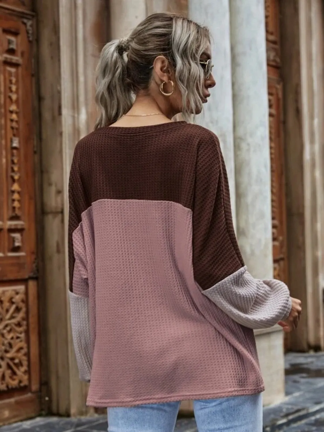 KHD Color Block Waffle-Knit Long Sleeve Top (3 Colors)