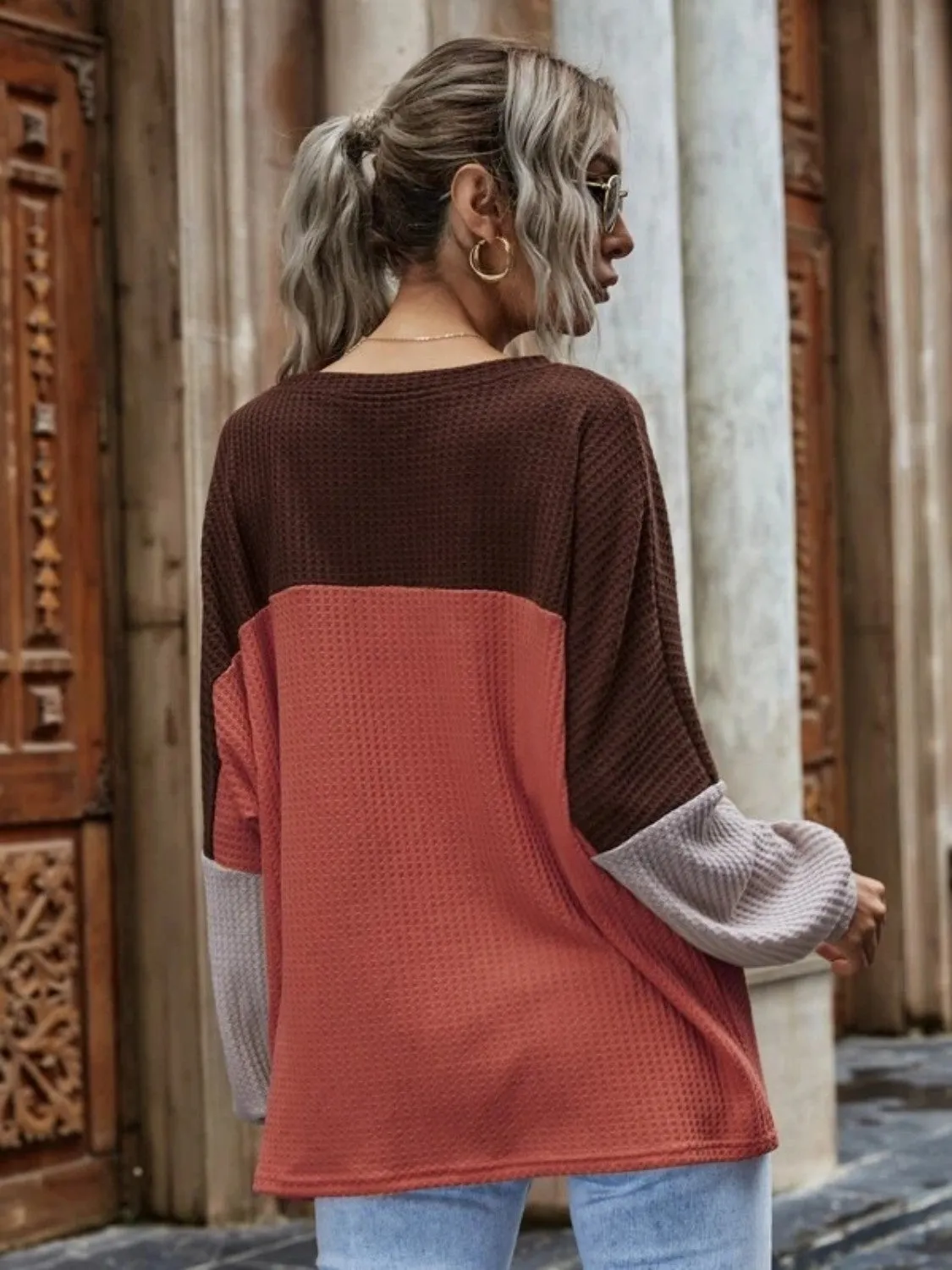 KHD Color Block Waffle-Knit Long Sleeve Top (3 Colors)