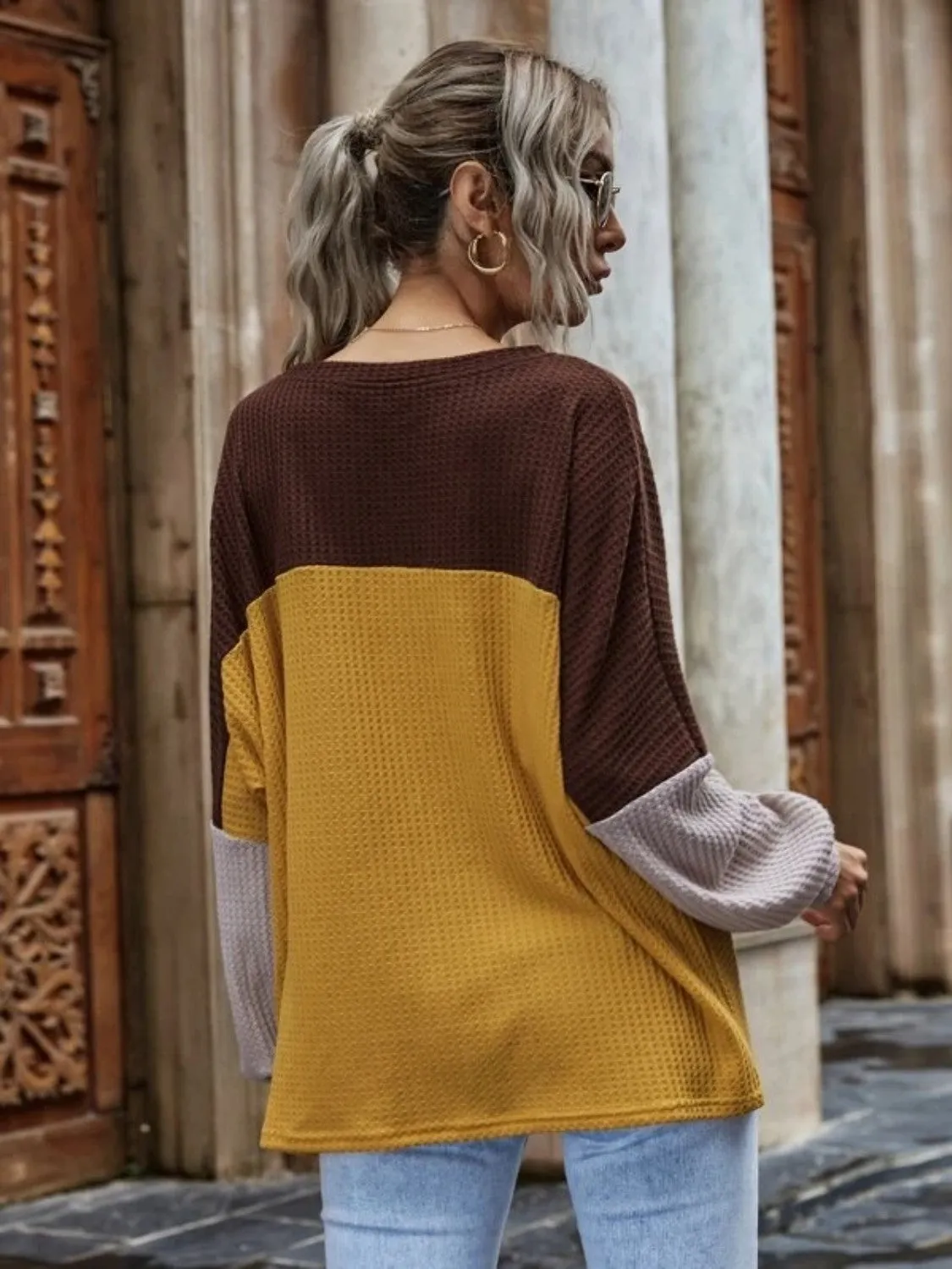 KHD Color Block Waffle-Knit Long Sleeve Top (3 Colors)