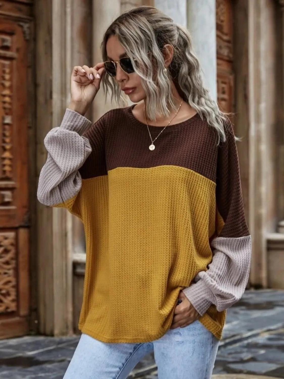 KHD Color Block Waffle-Knit Long Sleeve Top (3 Colors)
