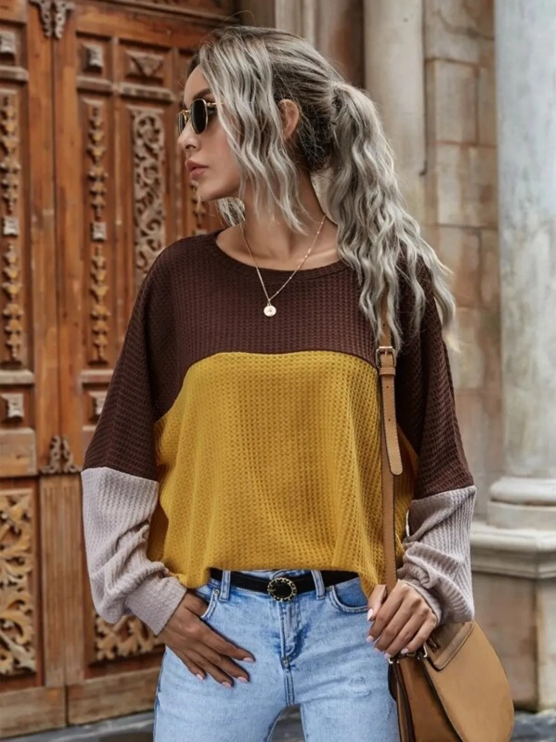 KHD Color Block Waffle-Knit Long Sleeve Top (3 Colors)