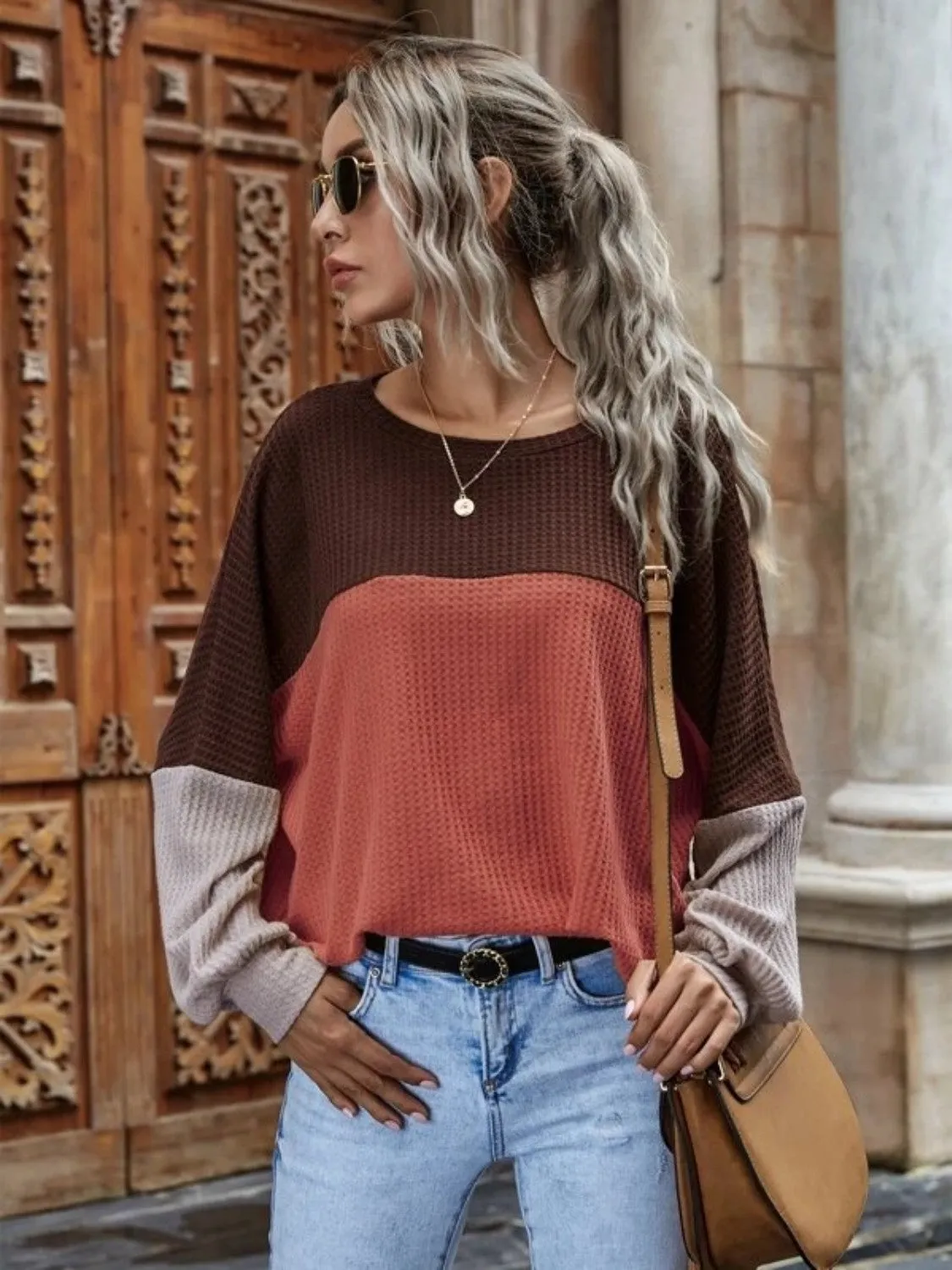 KHD Color Block Waffle-Knit Long Sleeve Top (3 Colors)