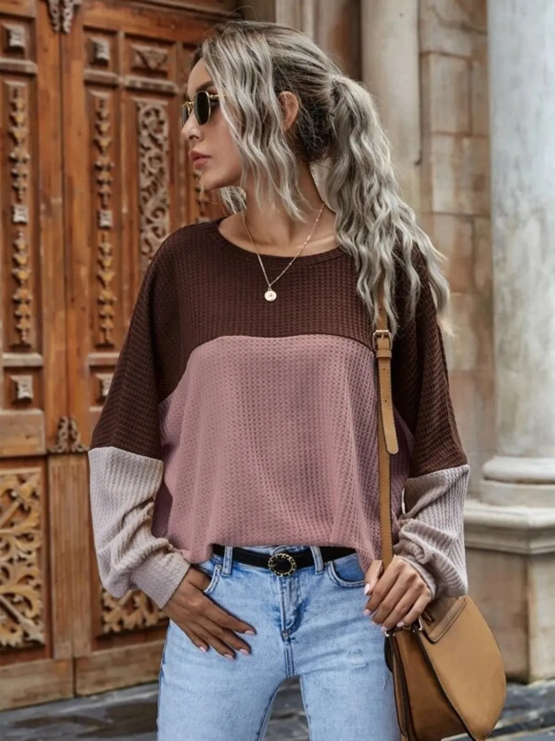 KHD Color Block Waffle-Knit Long Sleeve Top (3 Colors)