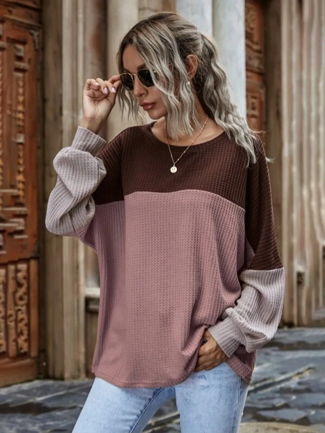 KHD Color Block Waffle-Knit Long Sleeve Top (3 Colors)