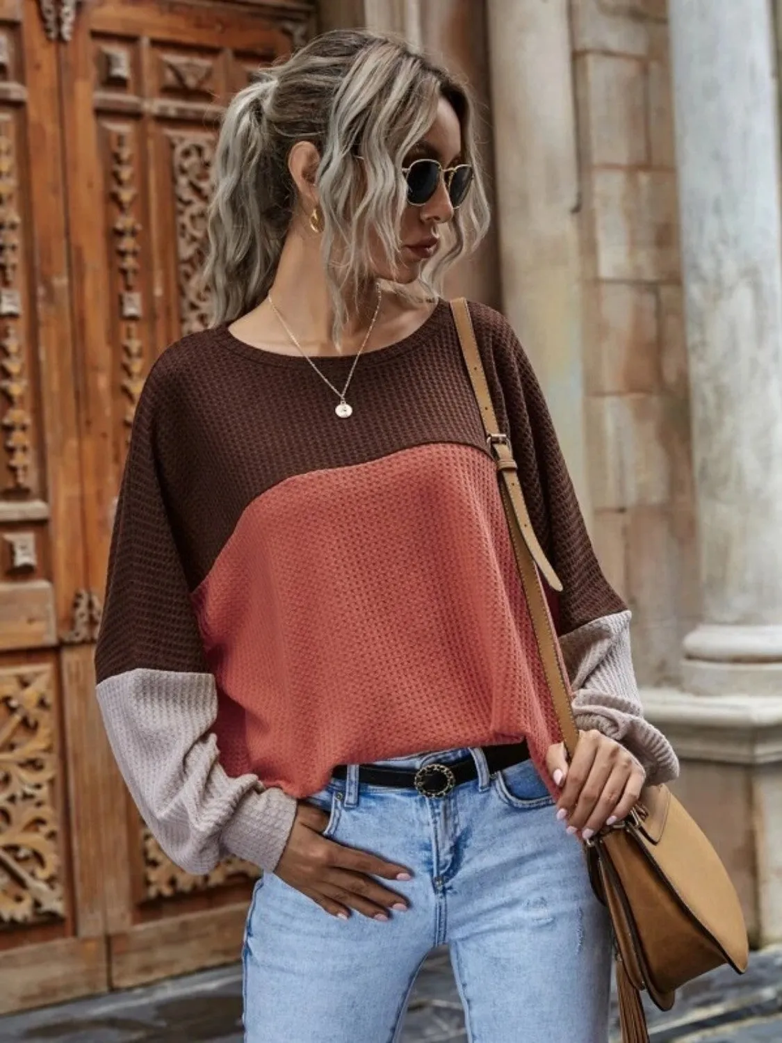 KHD Color Block Waffle-Knit Long Sleeve Top (3 Colors)